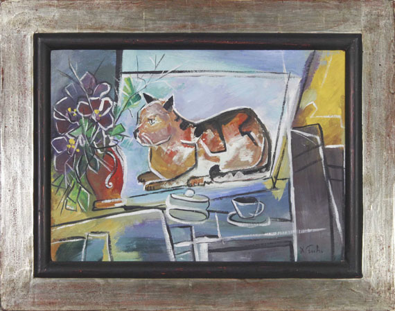 Franz Xaver Fuhr - Katze am Fenster mit Blumenvase - Rahmenbild