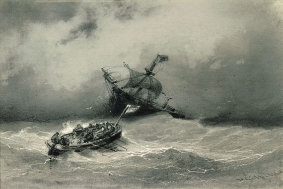 Heinrich Gätke - Ein Ruderboot hält auf ein havarierendes Segelschiff zu