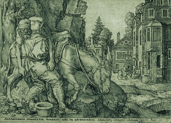 Heinrich Aldegrever - Der gute Samariter legt den Überfallenen auf den Esel