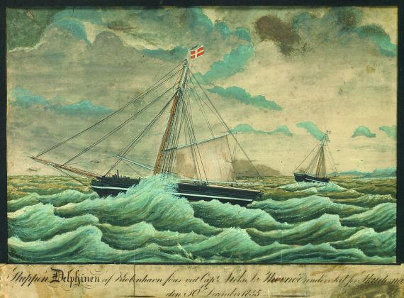 Ole Johnson-Seböy - Schaluppe "Delphin" aus Kopenhagen. "Sluppen Delphinen af Kiobenhavn föris vede Capt. Niels J. Thornoi under Seil...den 30. December 1835"