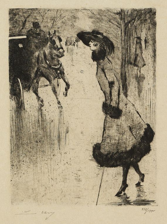 Lesser Ury - Dame, eine Pferdedroschke rufend