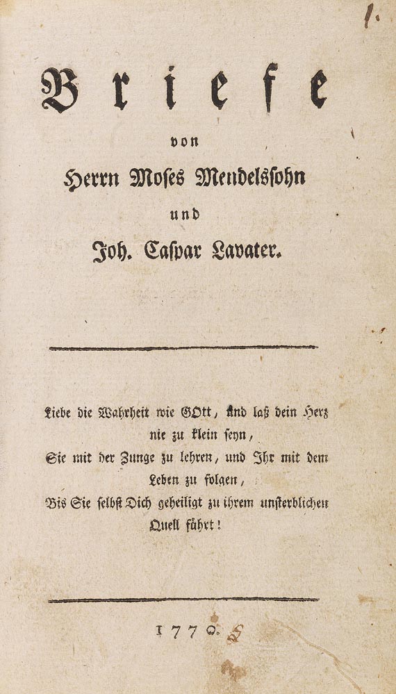 Moses Mendelssohn - Briefe von Herrn M. Mendelssohn und J. C. Lavater. 1770