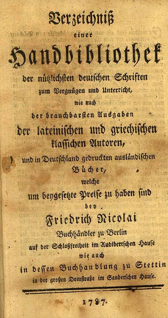 Christoph Friedrich Nicolai - Verzeichnis einer Handbibliothek. 1787
