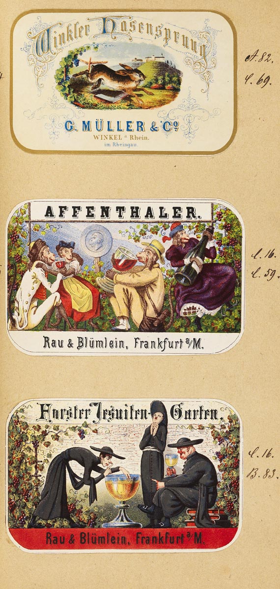 Weinetiketten - Blümlein & Co., 5 Alben mit Wein-Etiketten. ca. 1858-70.