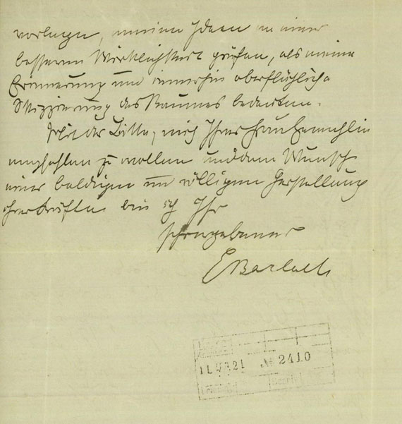 Ernst Barlach - 1 Autograph. 1921.