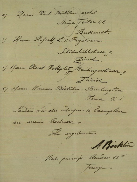 Arnold Böcklin - 1 Autograph. 1894.