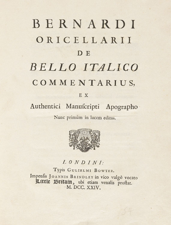 Bernardus Oricellarius (Rucellai) - De bello italico commentarius. 1724.