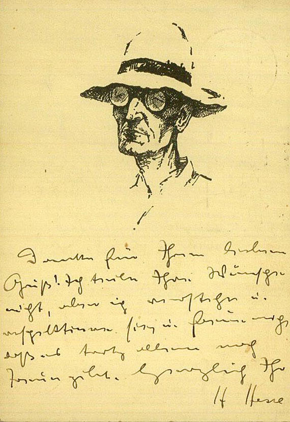 Hermann Hesse - Konvolut. 18 Autographen + 6 Drucke mit mach. Anschrift + 2 Beigaben. Ca. 1938 - 1943.