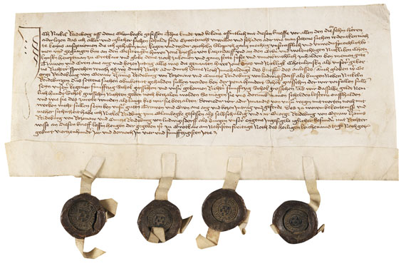 Urkunden - Urkunde mit 4 Wachssiegeln. Grottkau, Polen. 1454.