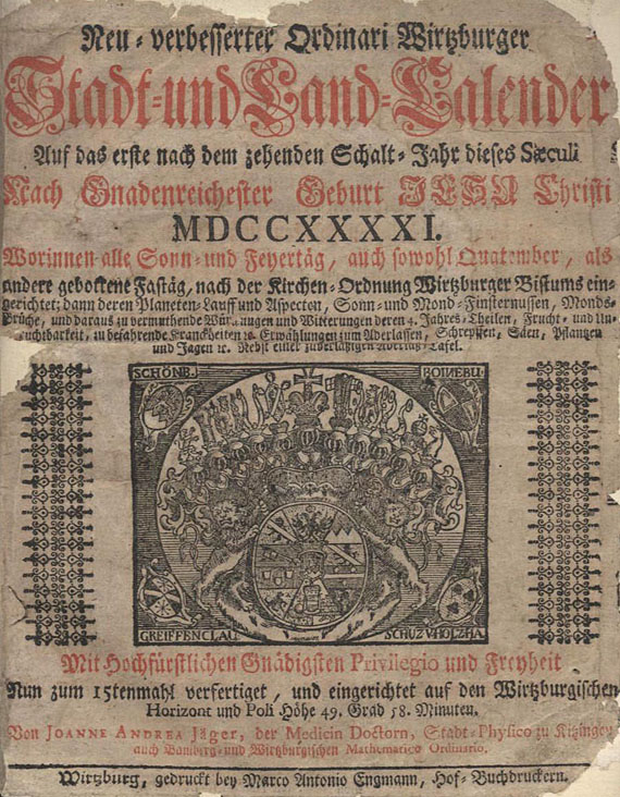 Joanne Andrea Jäger - Neu verbesserter Ordinari Wirzburger Stadt-und Land-Kalender. 1741.