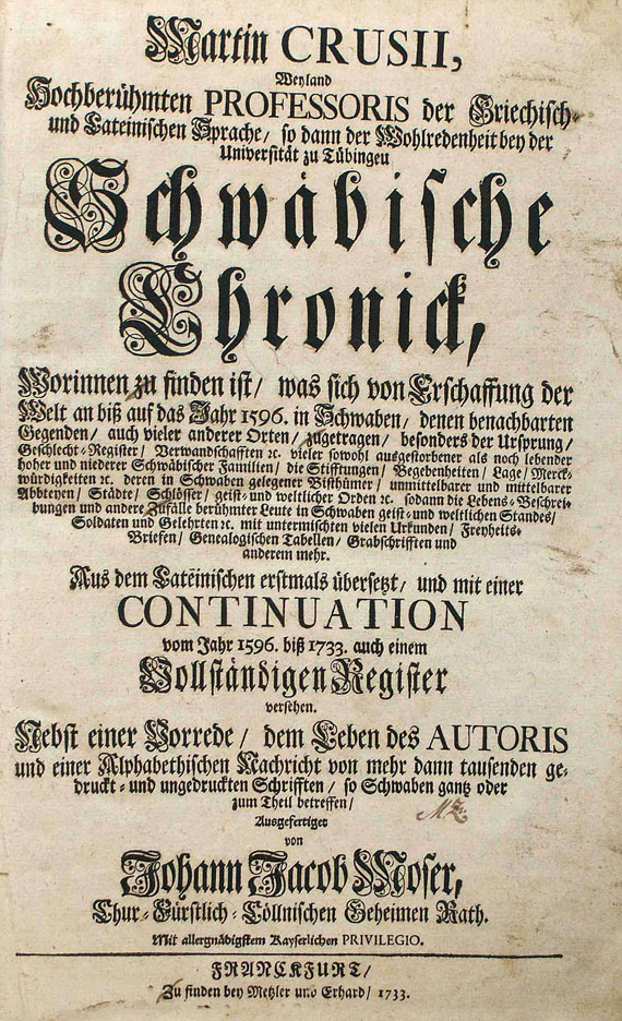 Martin Crusius - Schwäbische Chronik. 2 Bde. 1733.