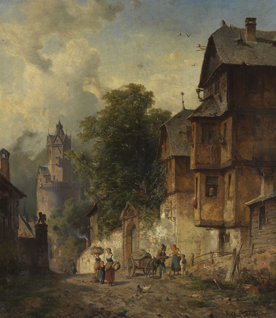August Eduard Schliecker - Ansicht von Andernach am Rhein mit dem Runden Turm