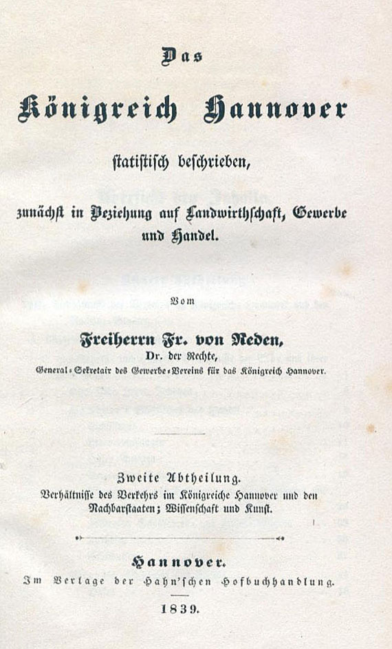 Friedrich Wilhelm von Reden - Königreich Hannover. 2 Bde. 1839.