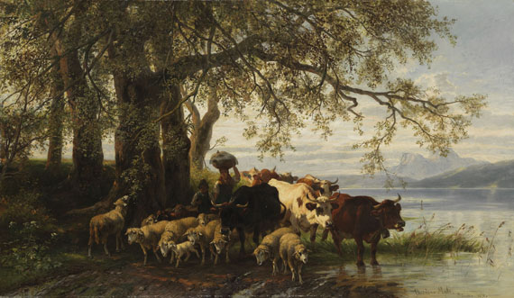 Christian Mali - Bäuerin und Hirtenjunge mit Rinder- und Schafherde am Seeufer
