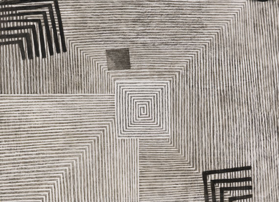 Willi Müller-Hufschmid - 5 Blätter: Ohne Titel. Komposition mit gestreiften Rechtecken. Rechtecke, Balken und Punkt. Labyrinth. Streifenbahnen mit schwarzem Quadrat
