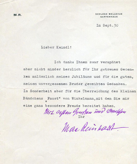 Max Reinhardt - Eigh. Briefkarte und maschinenschr. Brief m. U. 1929-30.