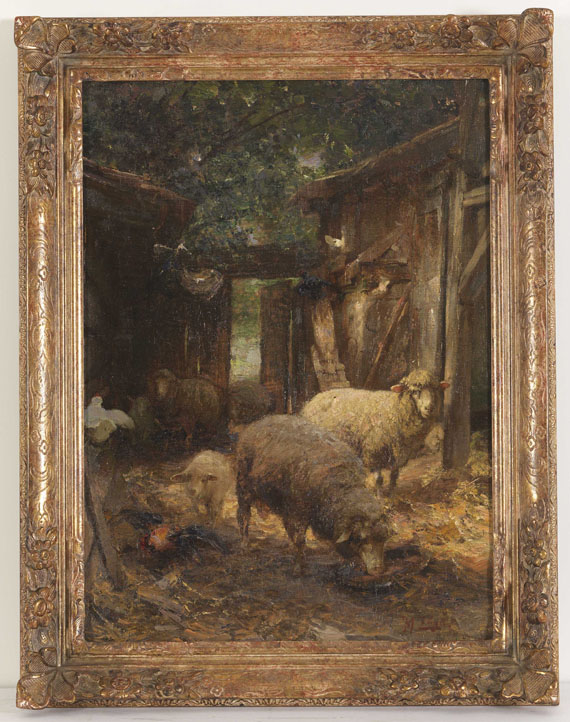 Heinrich von Zügel - Schafe und Lämmer beim Hühnerstall - Rahmenbild