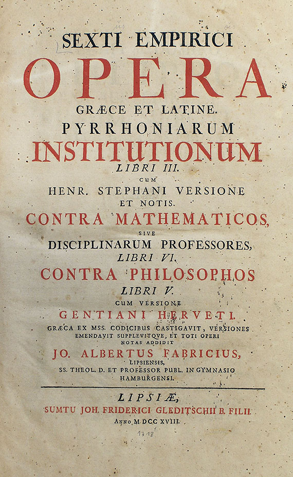 Sextus Empiricus - Opera graece et latine. 1718