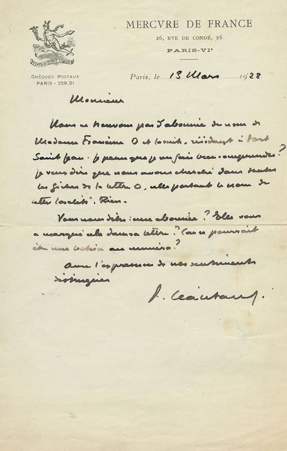 Paul Léautaud - 3 eigh. Briefe. 1922-54