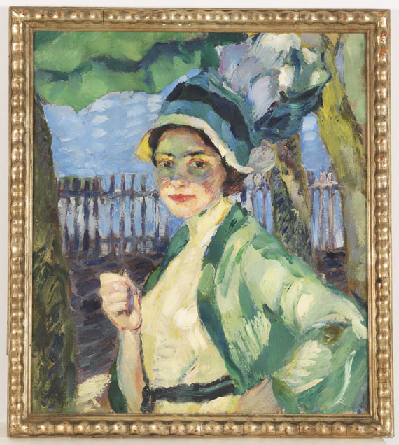 Leo Putz - Porträt einer Dame unter grünem Schirm (Frieda Blell) - Rahmenbild