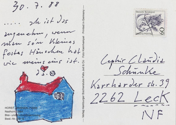 Horst Janssen - 3 eigh. Postkarten m. Zeichnung (Häuschen/Krähen im Wald/regnende Wolke). 1988-89.