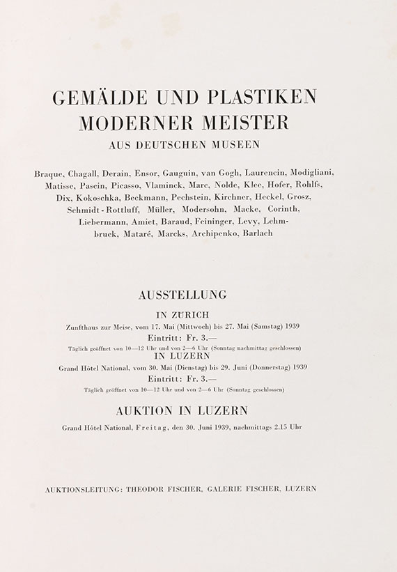   - Auktionskatalog, Gemälde und Plastiken moderner Meister aus deutschen Museen. 1939. - Weitere Abbildung