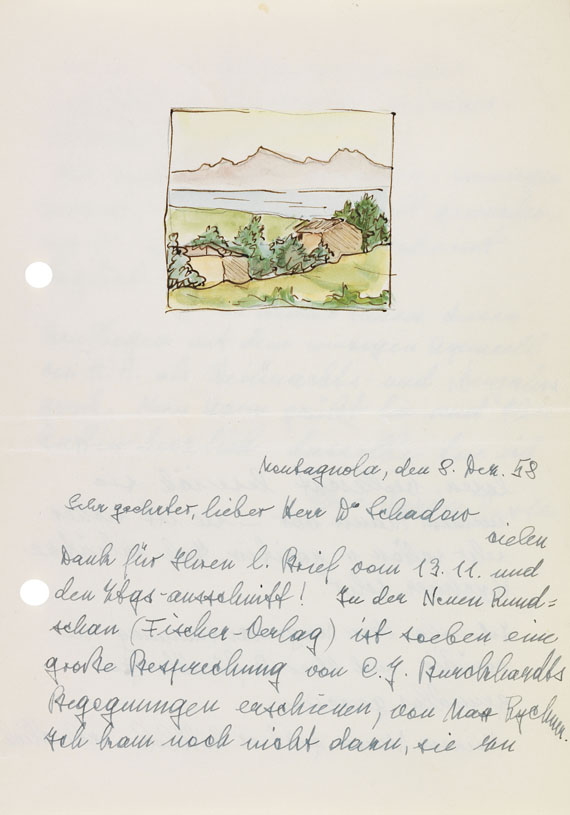 Hermann Hesse - Aquarell auf Brief von Ninon Hesse (gelocht). 1958