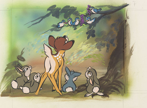 Walt Disney Studios - Gouache-Entwürfe zu "Bambi" für Tobler Chocolat. 32 Abb. von 41. + 2 Beigaben. 1950