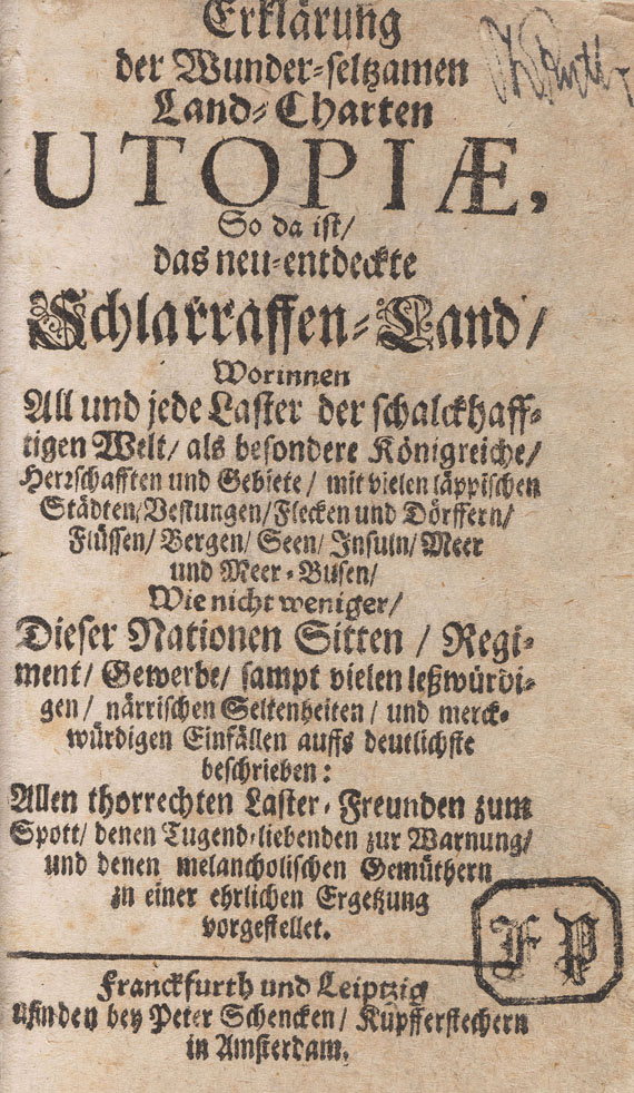 Johann Andreas Schnebelin - Erklärung der wunder-seltzamen Land-Charten Utopiae. - Weitere Abbildung