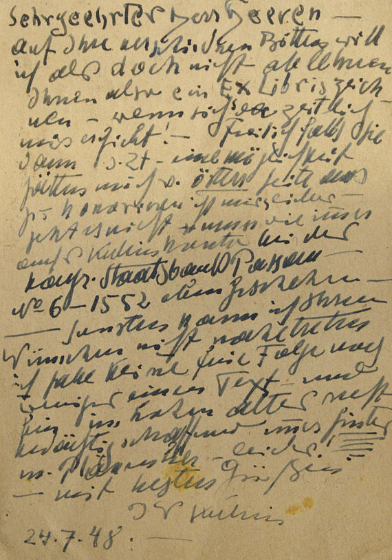 Alfred Kubin - Autograph. 1948. - Dabei: 7 Exlibris. Zus. 8 Tle.