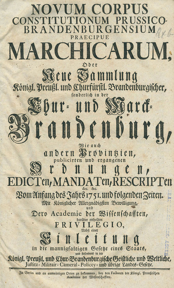   - Novum Corpus Constitutionum Prussico-Brandenburgensium Praecipue Marchicarum. 10 Bde.