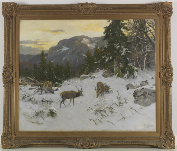 Josef Schmitzberger - Hirsche im winterlichen Gebirge - Rahmenbild