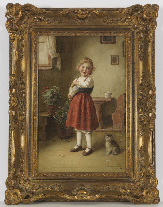 Edmund Adler - Mädchen mit kleiner Katze - Rahmenbild
