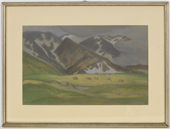 Ludwig von Hofmann - Schweizer Alpenlandschaft mit weidenden Kühen - Rahmenbild
