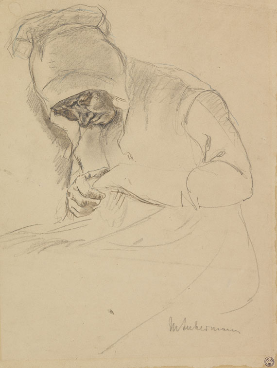 Max Liebermann - Sign. Studie (teils mit Tusche laviert) zum Gemälde "Stopfende Alte am Fenster"