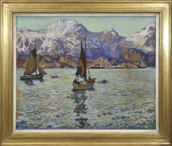 Julius Seyler - Lofotenlandschaft mit zwei Segelschiffen - Rahmenbild