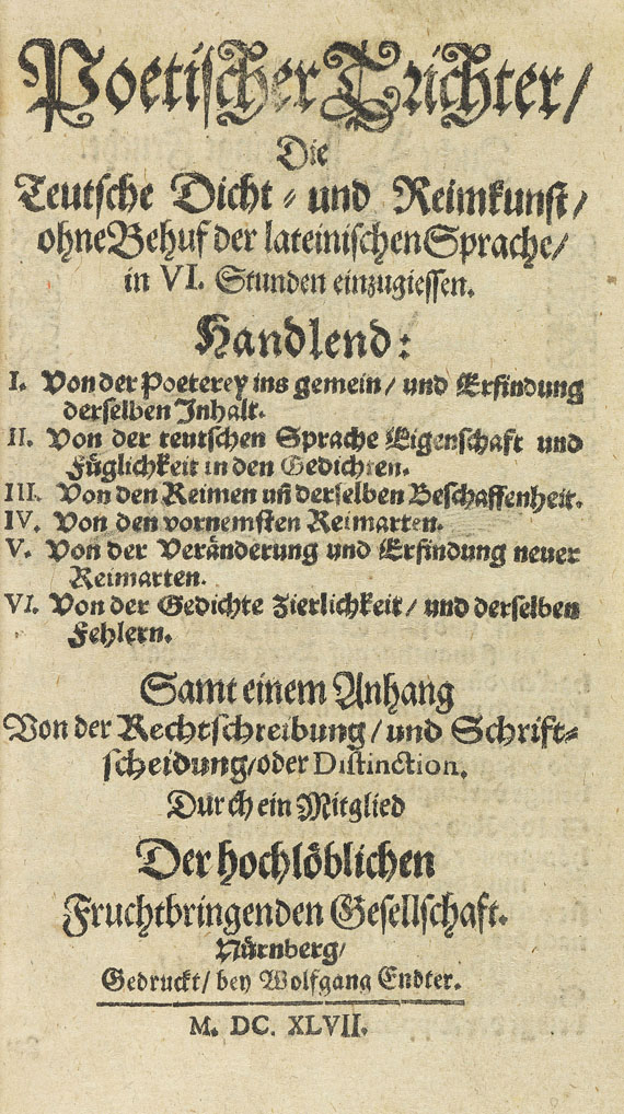 Georg Philipp Harsdörffer - Poetischer Trichter. 1647. - Angeb.: Opitz, Prosodia Germanica. - Weitere Abbildung