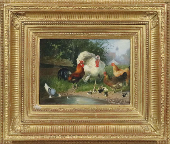 Julius Scheuerer - Truthahn, Hahn, Hühner, Küken und Taube an der Tränke - Rahmenbild