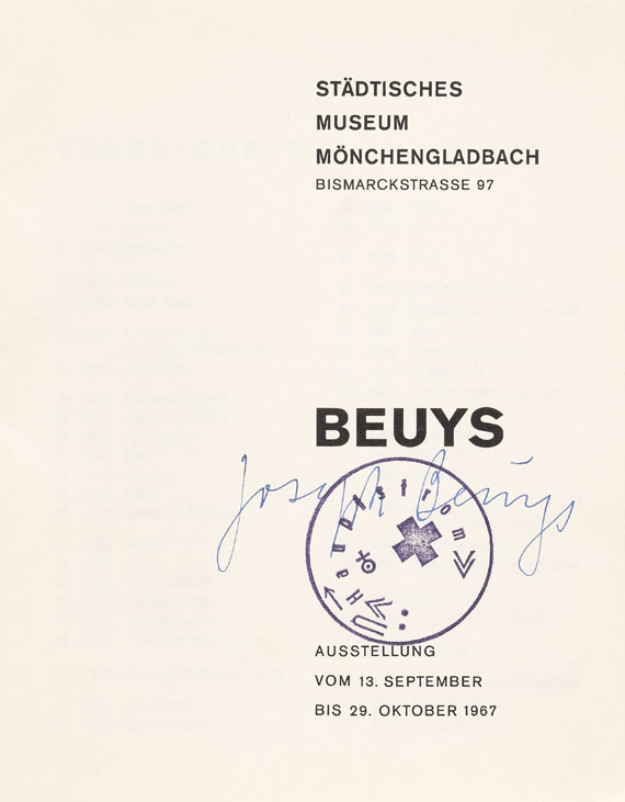 Joseph Beuys - Mönchengladbach-Katalog 1967. Dabei: 24 Stunden (mit Mehlsäckchen).