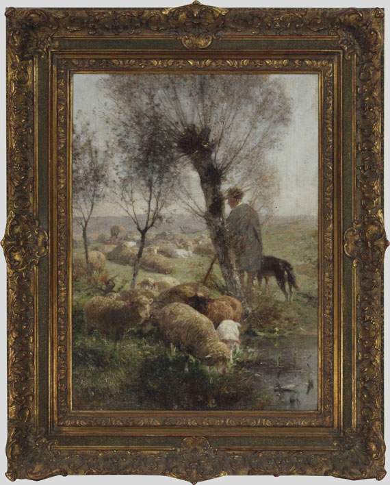 Heinrich von Zügel - Schäfer mit Hund und Herde unter Weidenbäumen am Wasser - Rahmenbild
