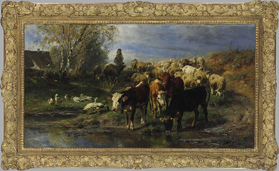 Anton Braith - Hirtenmädchen mit Rindern, Schafen und Gänsen - Rahmenbild
