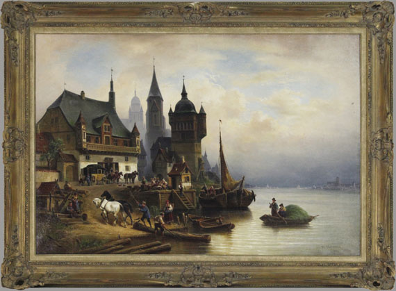 Wilhelm Meyerheim - Postkutsche im Pommerschen Hafen - Rahmenbild
