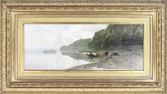 Richard von Poschinger - Uferlandschaft am Starnberger See mit weidenden Kühen - Rahmenbild