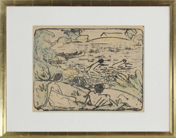 Otto Mueller - Badeszene mit vier Figuren, Haus und Boot - Rahmenbild