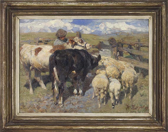 Heinrich von Zügel - Kühe und Schafe am Gatter - Rahmenbild
