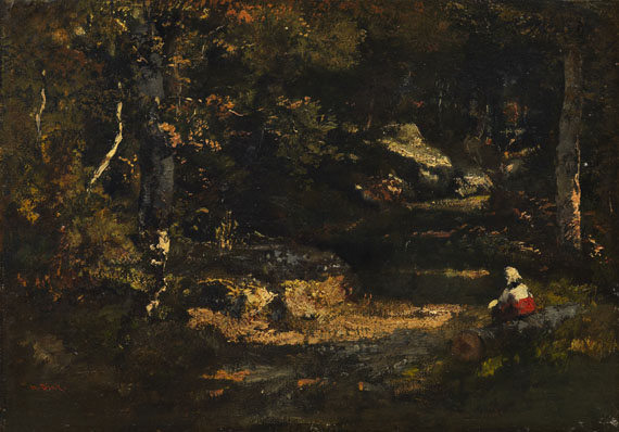 Diaz de la Pena - Femme assise sur un tronc d'arbre / Sous-bois à Fontainebleau