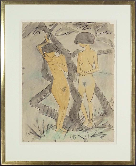 Otto Mueller - Zwei Mädchenakte (Zwei stehende Mädchenakte unter Bäumen / Zwei Mädchen neben Baumstämmen stehend) - Rahmenbild