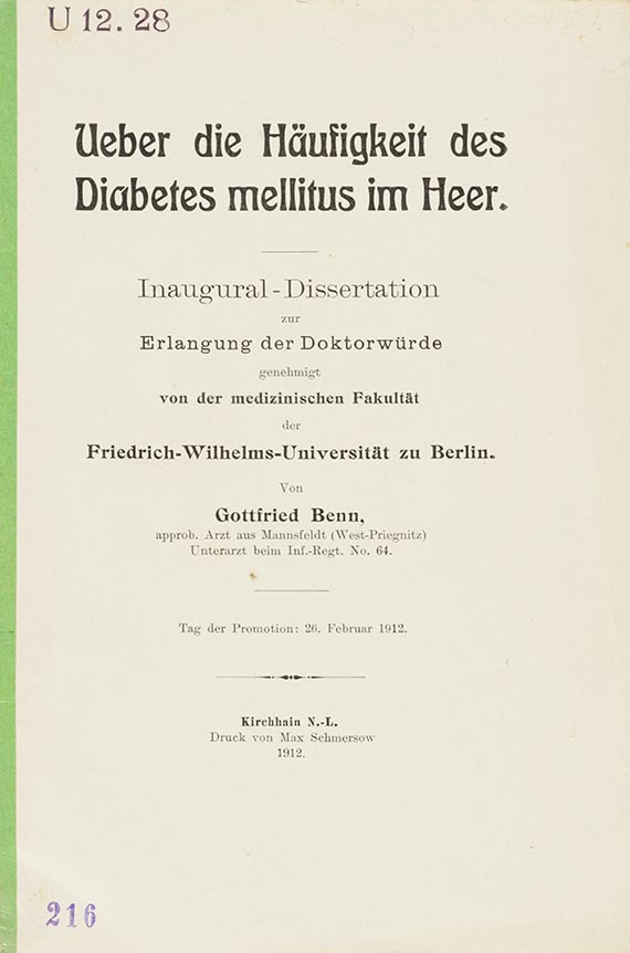 Gottfried Benn - Dissertation: Über die Häufigkeit des Diabetes mellitus im Heer