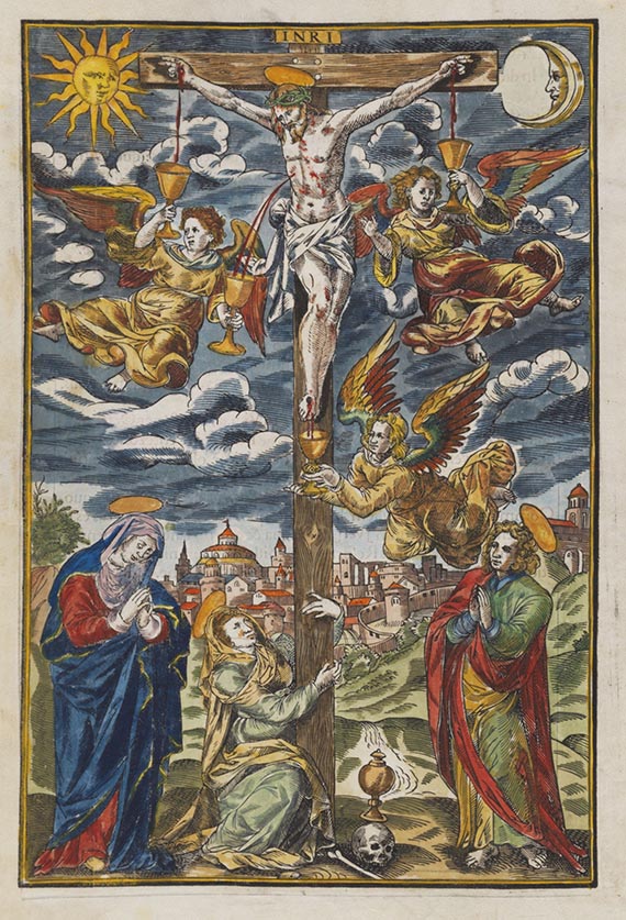   - Missale, Holzstich Kreuzigung Jesu mit Engeln