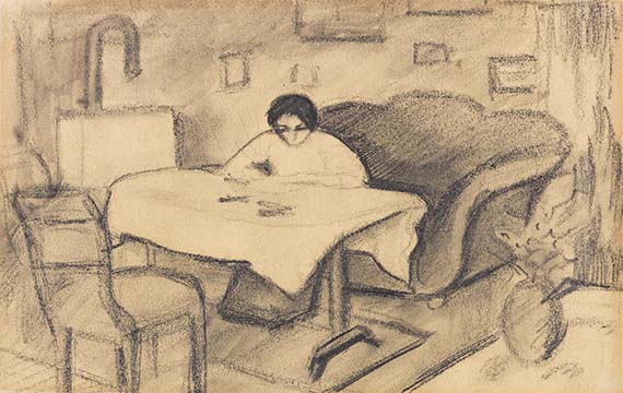 August Macke, Elisabeth am Tisch im Wohnzimmer
